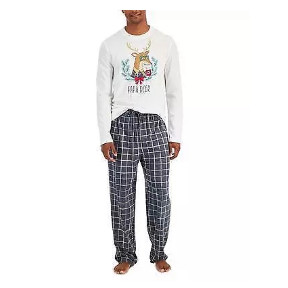 Mens Papa Deer Christmas Pajama Set Navy White Plaid Sleepwear 2 Piece XL set